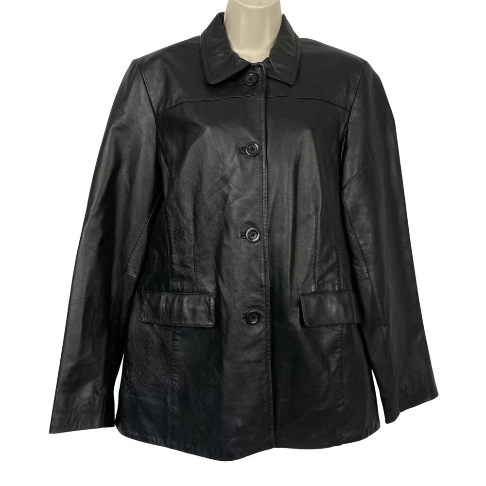 Vtg Y2K Style & Co Leather Jacket Womens Large Black Button Front Pockets Soft